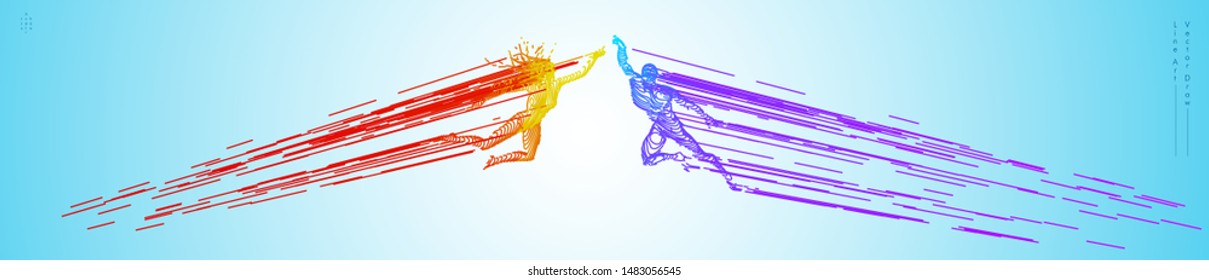 Sport concept of a flying people. Vector drawn by color lines. Sport minimal cover design. Creative line-art set. Man and woman. Run and fly. Vector template.