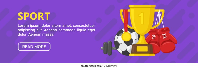 Sport concept. Gold winner champions cup with medal, boxing gloves, soccer ball and dumbbell on abstract color background. Vector design illustration. Flat style icon.