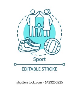 Sport Concept Icon. Family Time Together Idea Thin Line Illustration.  Community Gym Space. Local Park Visiting. Play Soccer, Basketball, Softball. Vector Isolated Outline Drawing. Editable Stroke