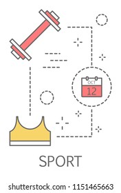 Sport concept. Idea of active and healthy lifestyle. Doing workout and exercises is good for body. Set of sport icons with dumbbell and calendar. Isolated flat vector illustration