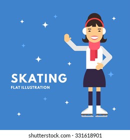 Sport Concept Illustration. Female Cartoon Character. Skater Standing and Smiling. Flat Style Vector Illustration