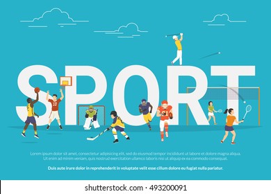 Sport concept illustration of young people playing basketball, hockey, golf and football. Flat design of guys and women participating in competition near big letters