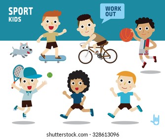 sport concept.
kids diverse of costume and action poses.
flat design illustration.
