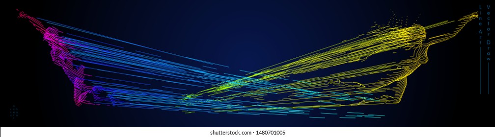 Sport concept of a running people. Vector drawn by color lines. Sport minimal cover design. Creative line-art set. Man and woman. Run and fly. Vector template.