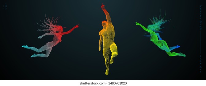Sport concept of a running people. Vector drawn by color lines. Sport minimal cover design. Creative line-art set. Man and woman. Run and fly. Vector template.