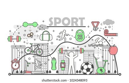 Sport concept vector illustration. Modern thin line flat design element with sports items, exercising equipment for website banners and printed materials.