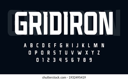 Sport condensed alphabet. Tall monumental font for modern american football logo. Typeset for rugby gridiron branding, sport headline, monogram. Minimal style letters, vector typographic design. 