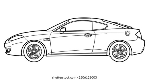 Сlassic sport coupe car, side view. Different five view shot - front, rear, side and 3d. Outline doodle vector illustration