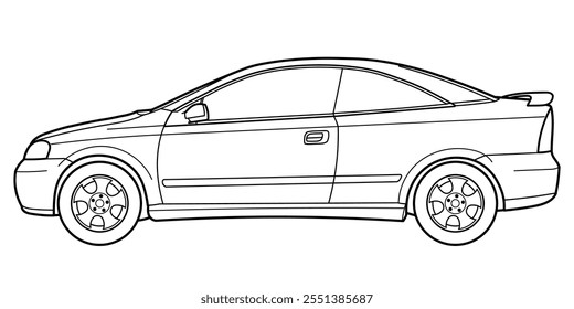 Сlassic sport coupe car, side view. Different five view shot - front, rear, side and 3d. Outline doodle vector illustration	
