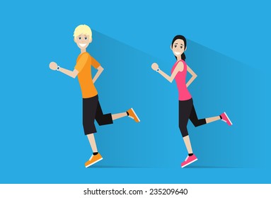 sport couple man and woman run with fitness tracker on wrist runner jogging happy smile training flat design icon