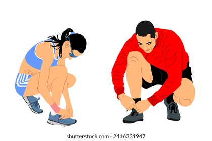 Sport couple woman and man tying laces on sneakers vector illustration isolated. Athlete sport  runner. Fit boy fix shoestring. Active sportsman tying shoelaces. Pause jogging girl active health care.