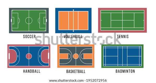 Sport\
court set. Soccer, basketball, volleyball, tennis, badminton and\
handball courts top view. Flat vector\
illustration.