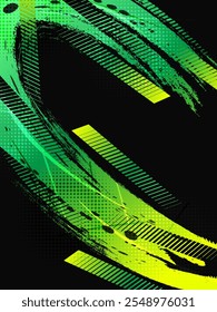 Sport Cover or Poster Design with Green and Yellow Gradient Brush Strokes and Halftone Effect. Abstract Background Design in Grunge Style