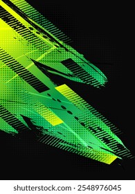 Sport Cover or Poster Design with Green and Yellow Gradient Brush Strokes and Halftone Effect. Abstract Background Design in Grunge Style