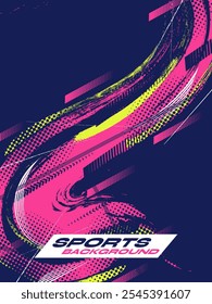 Sport Cover or Poster Design with Pink and Yellow Brush Strokes and Halftone Effect on Blue Background. Abstract Background Design in Grunge Style