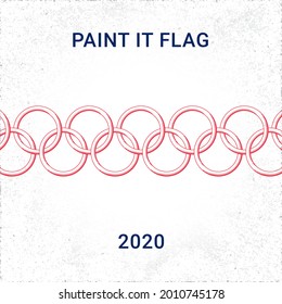 Sport Creative Concept with Engraved Chain of Rings Composition and Paint It Flag 2020 Lettering - Blue and Red Rings on White Rough Paper Background - Vector Graphic Woodcut Design