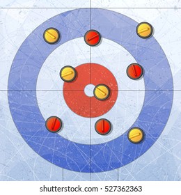 Sport. Curling stones on ice. Curling House. Playground for curling sport game. Red and yellow stones. Textures blue ice. Ice rink. Vector illustration background.