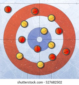 Sport. Curling stones on ice. Curling House. Playground for curling sport game. Red and yellow stones. Textures blue ice. Ice rink. Vector illustration background.