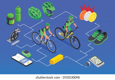 Sport cycling isometric composition with flowchart of bike riders equipment with smartphone trackers and award medals vector illustration