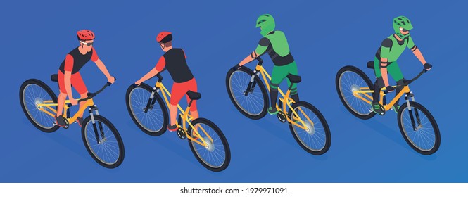 Sport cycling isometric set with isolated images different angle views of bike riders wearing protective equipment vector illustration