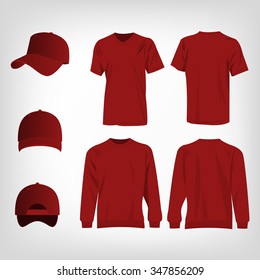 Sport dark red t-shirt, sweater and baseball cap isolated set vector