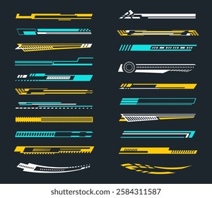 Sport decals. Racing car vinyl stickers with dynamic geometric shapes, motorsport hood stripes and fast speed lines. Decal designs for race cars, trucks, motorcycles and boats vector set