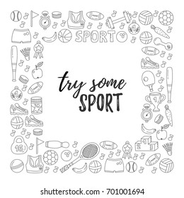 Sport decorative square frame fitness sport doodle icons vector set