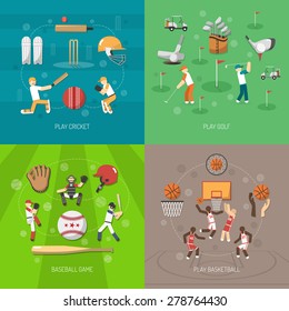 Sport design concept set with cricket golf baseball and basketball game flat icons isolated vector illustration