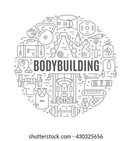 Sport design element with different sport equipment arranged in a circle and sign bodybuilding. Fitness and gym design element made in modern line style vector.