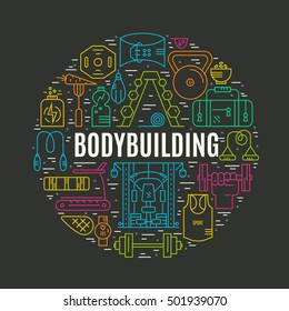 Sport design element with different sport equipment arranged in a circle and sign bodybuilding. Fitness and gym design element made in modern line style vector.