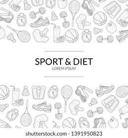 Sport and Diet Banner Template, Healthy Lifestyle, Sports and Fitness Objects Hand Drawn Vector Illustration