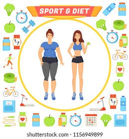 Sport and diet icons set and lady vector. Woman with active lifestyle doing workouts, weight loss. Dumbbells and treadmill exercises healthy food