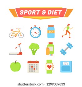 Sport and diet poster and icons set. Bicycle and treadmill exercises, apple broccoli veggie and fruit, calendar and smartwatch. Running lady vector
