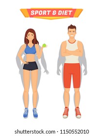 Sport and diet poster with people losing weight. Transformation of human body, woman eating healthy food, fruit apple and man with muscles vector