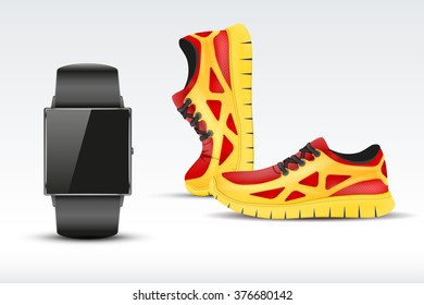 Sport digital smart watch and sneakers. Mock-up design. Vector Illustration isolated on background