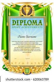 Sport diploma template. Third degree. Curtain background with flags and leaves at the bottom. Gold plated cup at the top. Vintage design without frames.