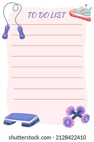 Sport to do list. Fitness and sport equipment and a place to record workouts. Template for agenda, planners, checklists, and other stationery. Hand Drawn Cartoon Vector illustration