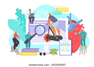 Sport with doctor support, medicine technology at computer concept, vector illustration. Man woman people character training near digital screen.