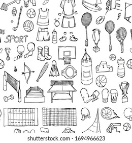Fondo de doodle deportivo sin fisuras. Dibujo gráfico vectorial dibujado a mano