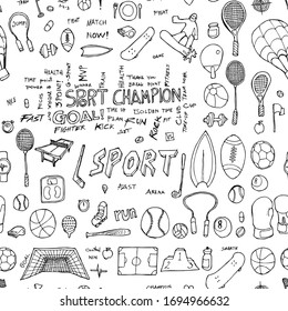 Sport doodle background seamless pattern. Drawing vector illustration hand drawn