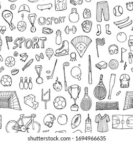 Sport doodle background seamless pattern. Drawing vector illustration hand drawn