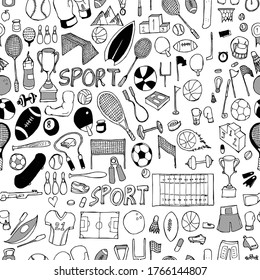 Patrón sin fisuras en el fondo del doodle deportivo. Dibujo de la ilustración del vector con la mano