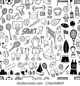 Patrón sin fisuras en el fondo del doodle deportivo. Dibujo de la ilustración del vector con la mano