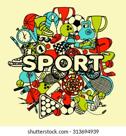 Sport doodle collage with hand drawn game equipment vector illustration