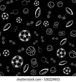 Sport doodle hand drawn icons seamless pattern, tiling ornament. Vector illustration