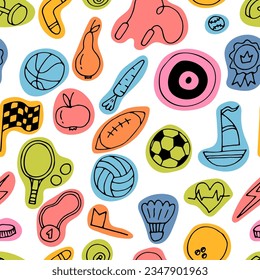 Sport doodle hand drawn seamless pattern. Sport equipments. Fitness, healthy lifestyle. Vector illustration