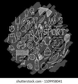 Sport doodle illustration circle form wallpaper background line sketch style set on chalkboard
