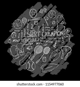 Sport doodle illustration circle form wallpaper background line sketch style set on chalkboard