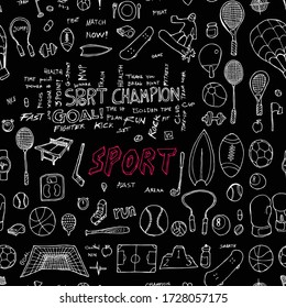 Sport doodle seamless background seamless pattern. Drawing illustration hand drawn vector on chalkboard