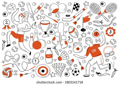 Sport doodle set. Colection of hand drawn sketches templates of people doing sport playing football tennis or basketball games winning trophy. Active recreation and healthy lifestyle illustration